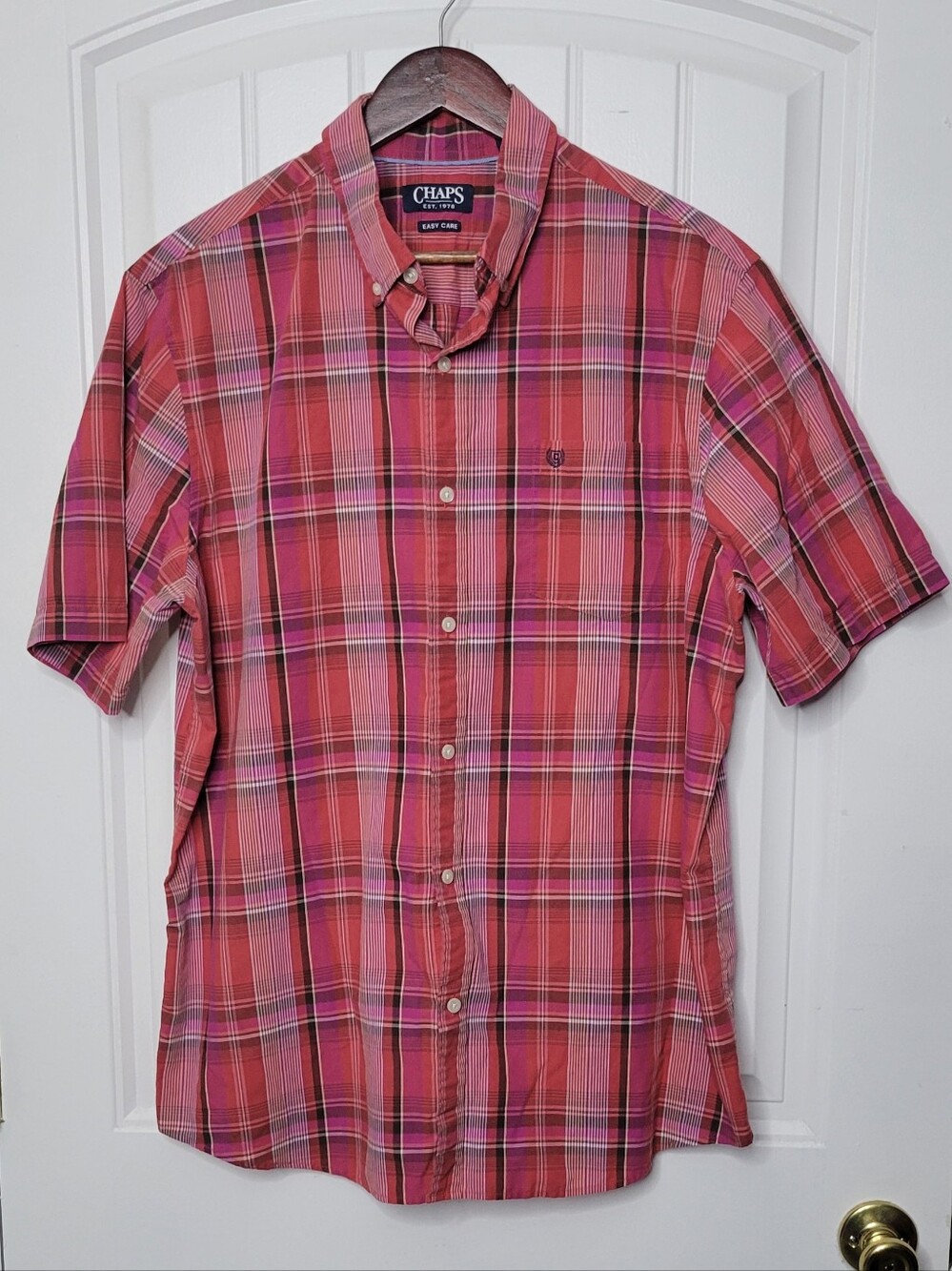 Chaps Pink Plaid Short-Sleeve Button-Down Shirt